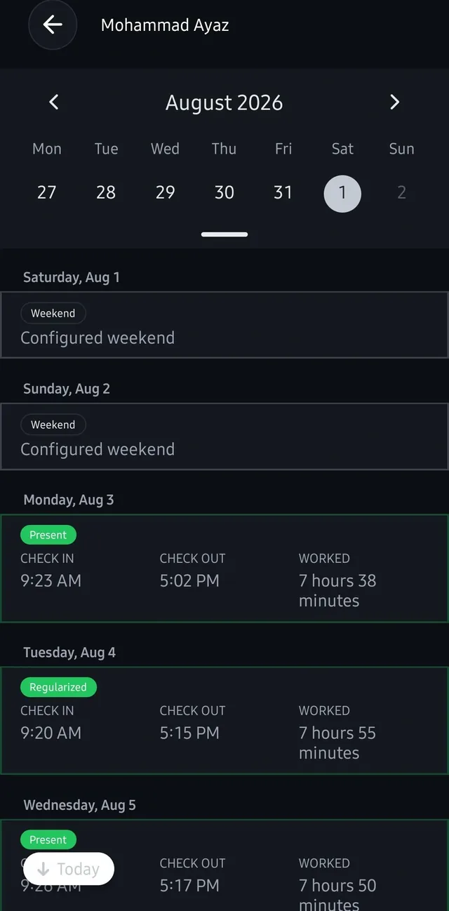 Monthly attendance report for one employee, each day showing a state such as present, regularized or weekend with check-in, check-out and hours worked