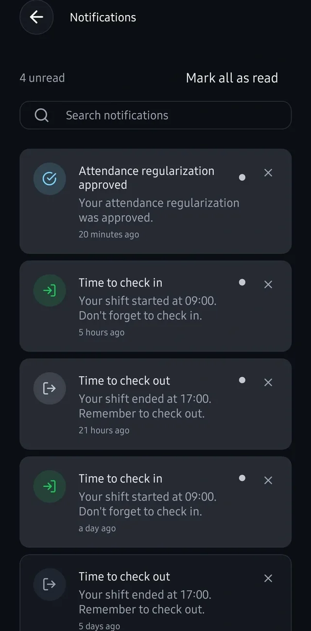Notification list showing an approved attendance regularization and reminders to check in and check out at shift start and end