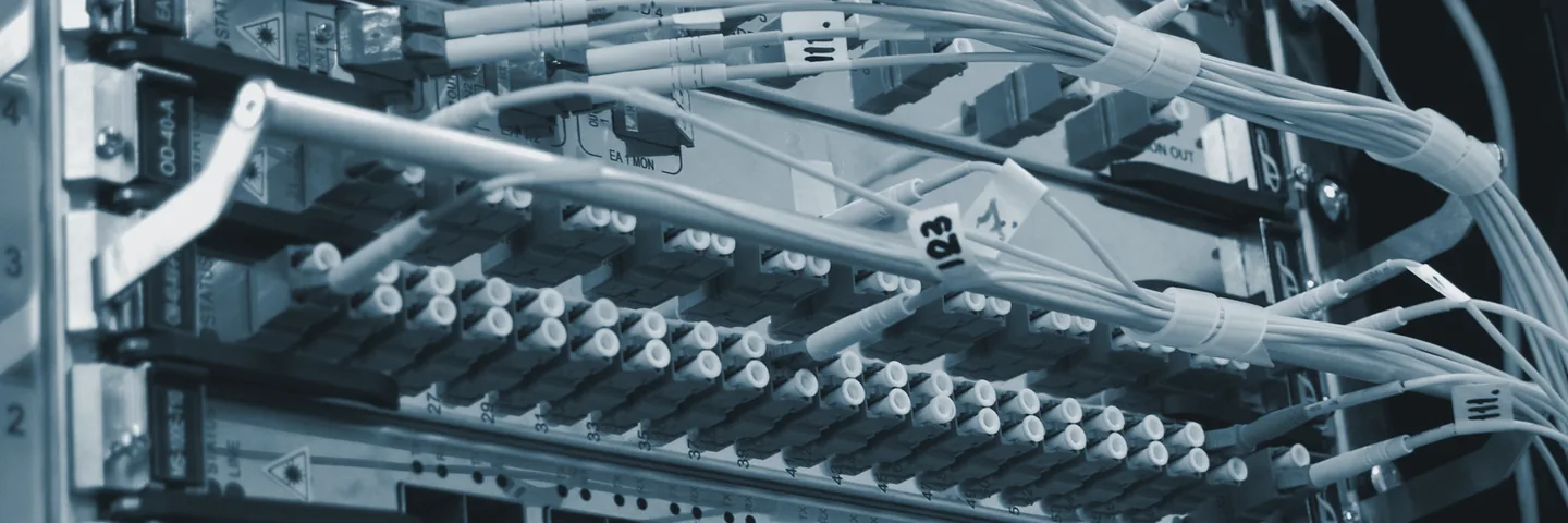 A fibre distribution frame with rows of connectors, patch leads, and hand-written port labels.